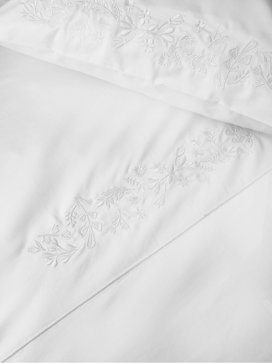 Signature Floral Embroidered White Bedsheet Duvet Cover Set