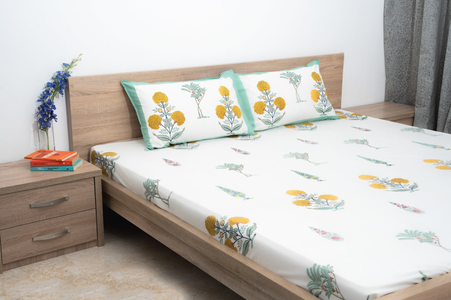 HandBlock Artisan Weave Yellow Floral Leaf Motifs Bedsheet Set