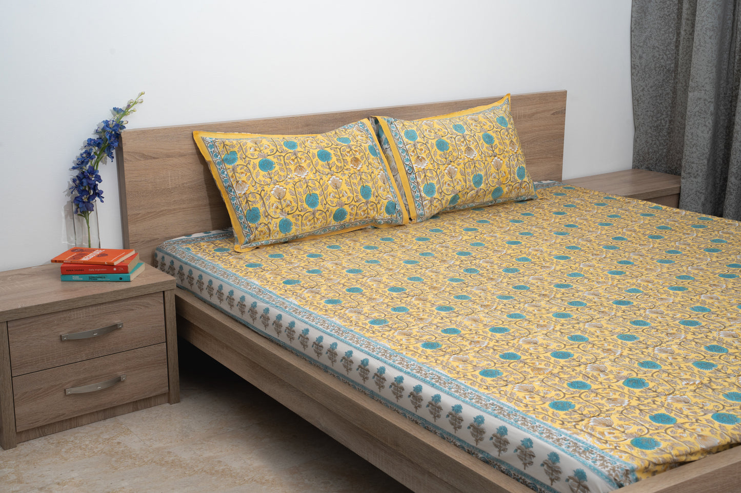 HandBlock Artisan Weave Yellow Floral Motifs Bedsheet Set
