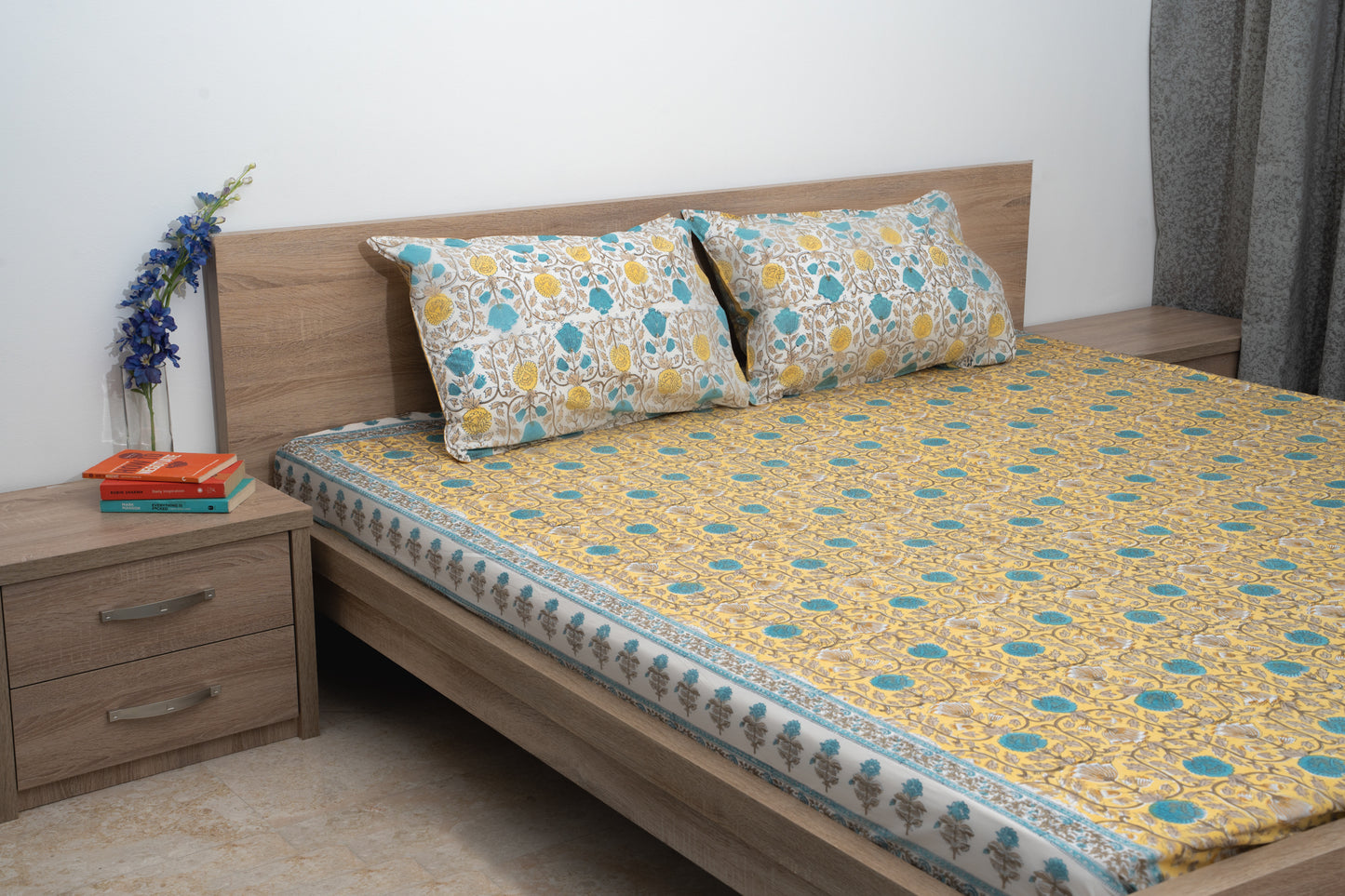 HandBlock Artisan Weave Yellow Floral Motifs Bedsheet Set