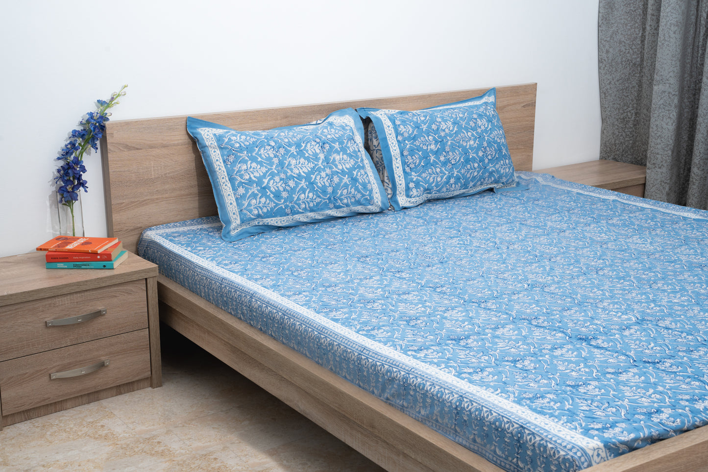 HandBlock Artisan Weave Floral White & Blue Bedsheet Set
