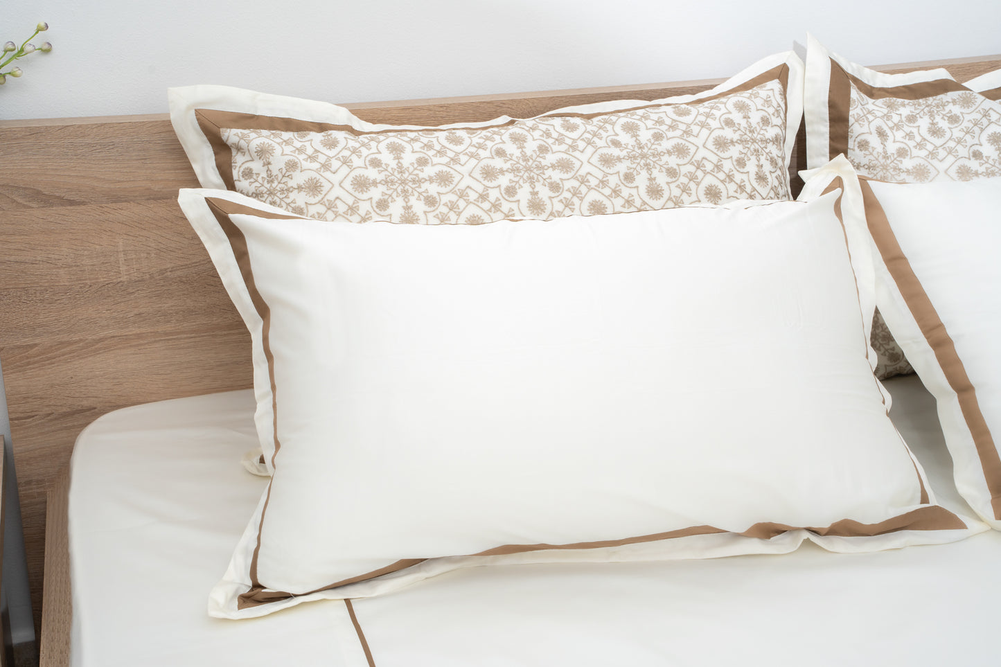 Serene Embroidery Bedsheet with 2 Sets of Matching Pillow Covers - Cream & Brown