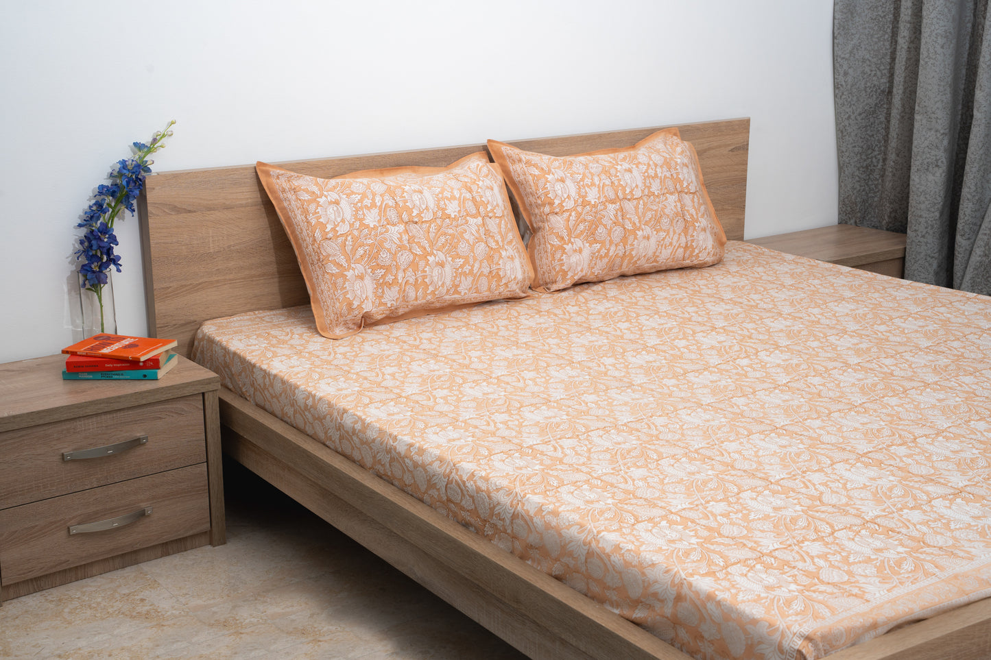 HandBlock Artisan Weave Floral White & Peach Bedsheet Set