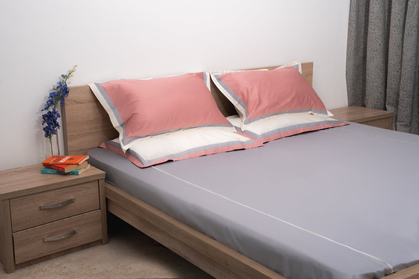 Serene Bedsheet with 2 Sets of Matching Pillow Covers - Grey & Peach
