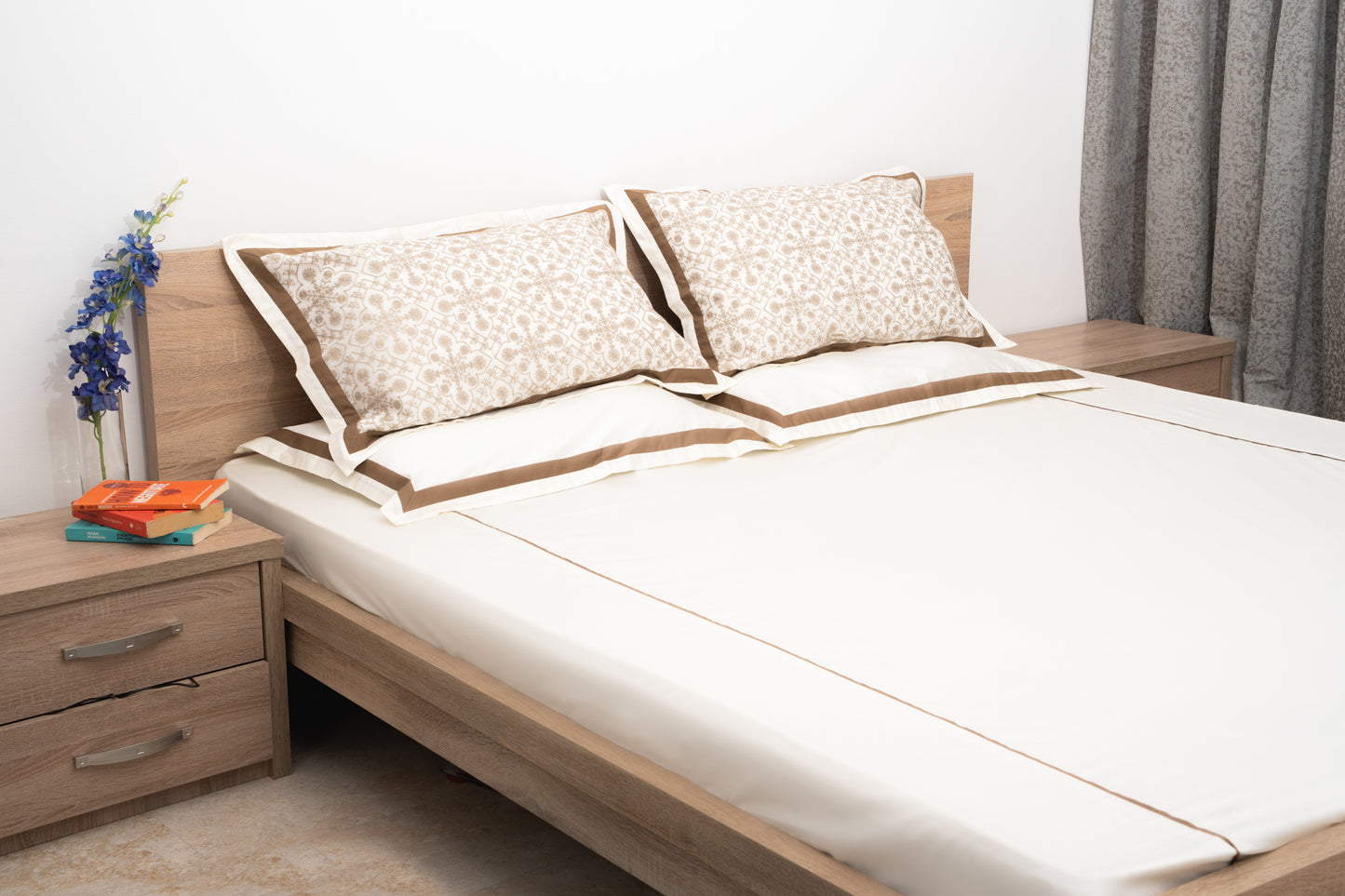 Serene Embroidery Bedsheet with 2 Sets of Matching Pillow Covers - Cream & Brown