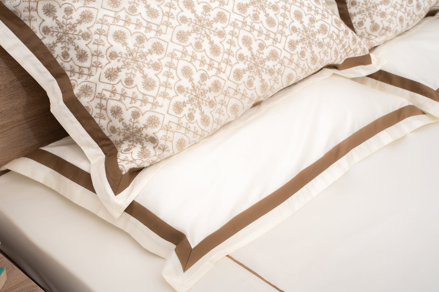 Serene Embroidery Bedsheet with 2 Sets of Matching Pillow Covers - Cream & Brown