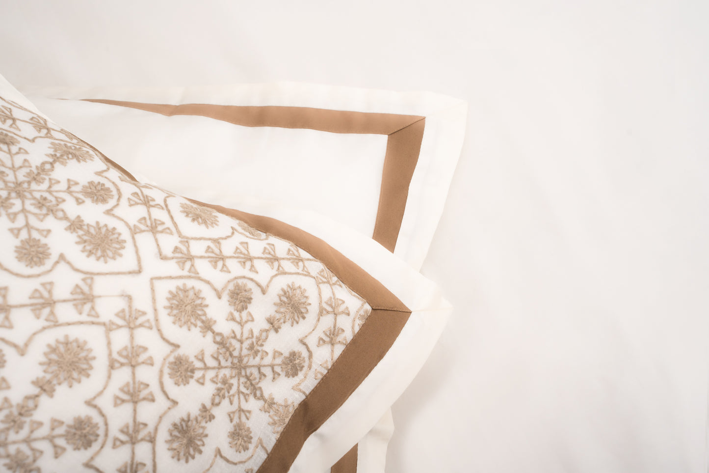 Serene Embroidery Bedsheet with 2 Sets of Matching Pillow Covers - Cream & Brown