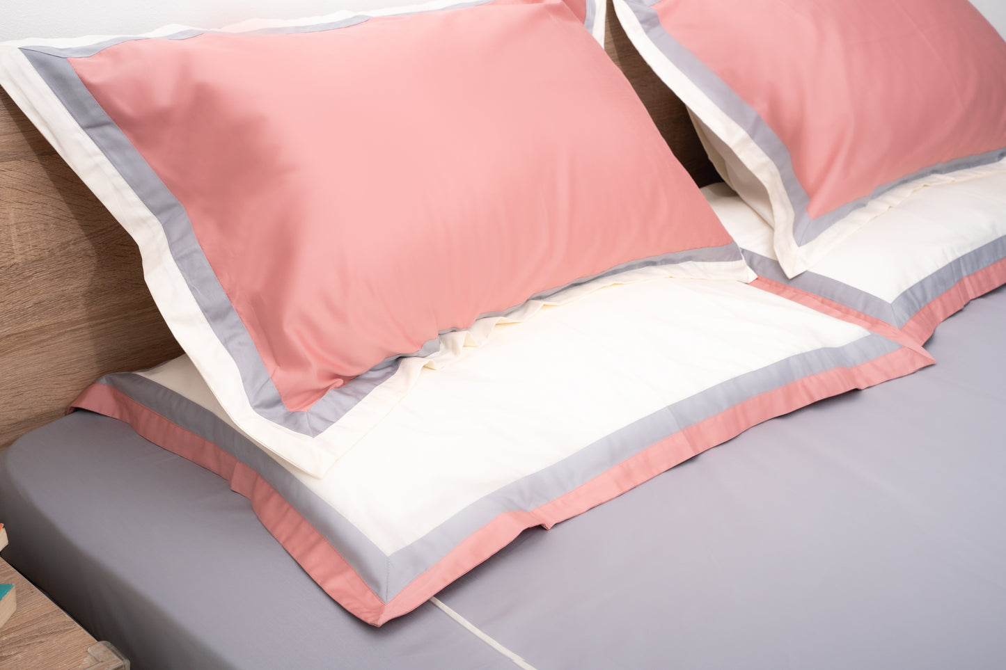 Serene Bedsheet with 2 Sets of Matching Pillow Covers - Grey & Peach