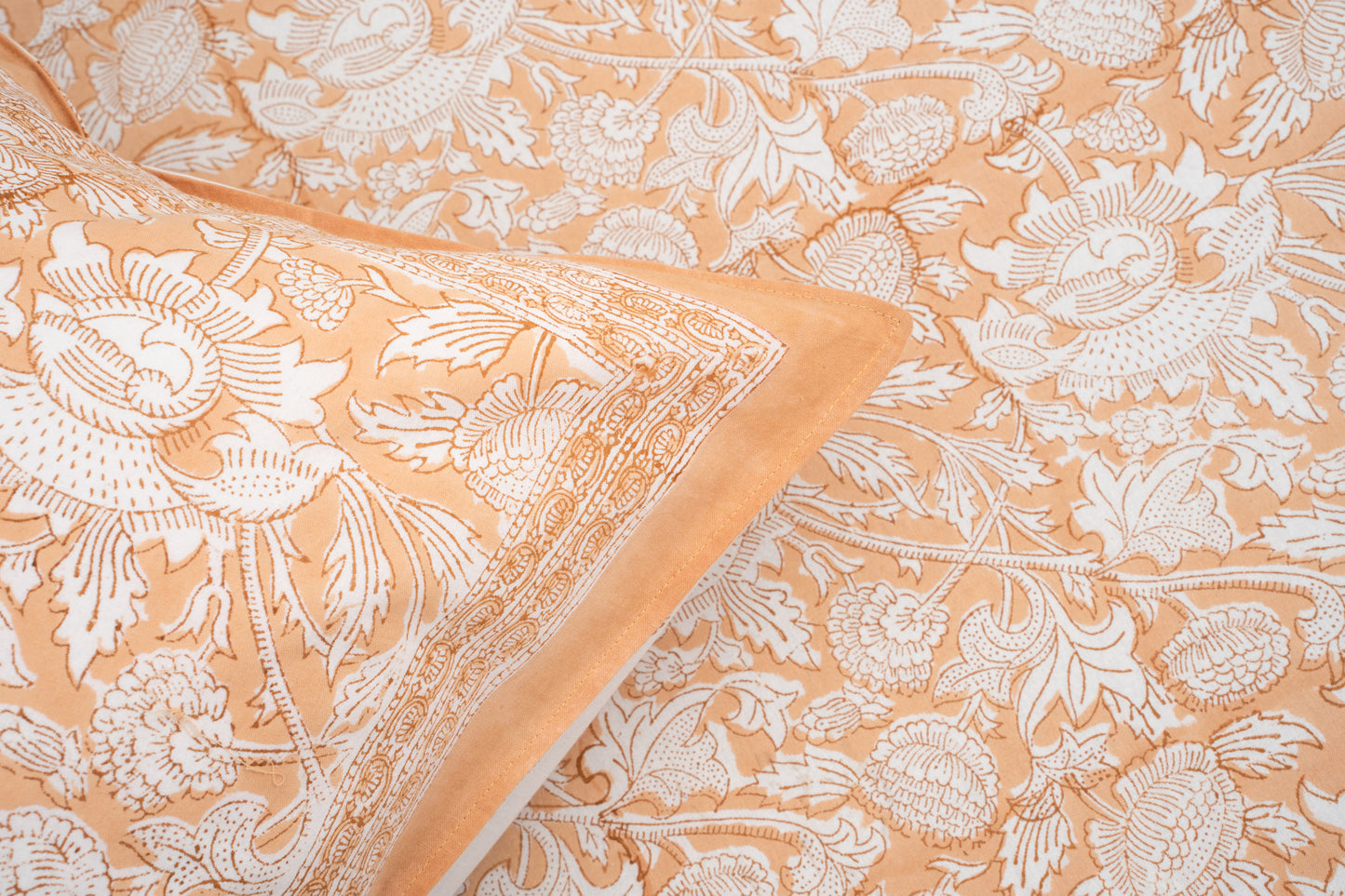 HandBlock Artisan Weave Floral White & Peach Bedsheet Set