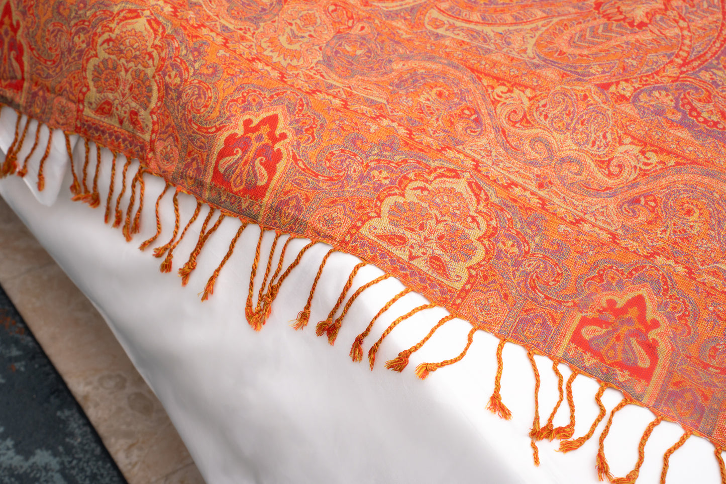 Artisanal Rustic Orange Paisley Camel Wool Throw Blanket – Handcrafted Luxury