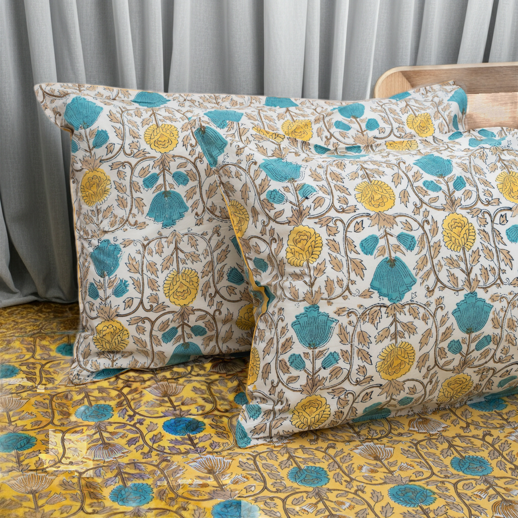 HandBlock Artisan Weave Yellow Floral Motifs Bedsheet Set