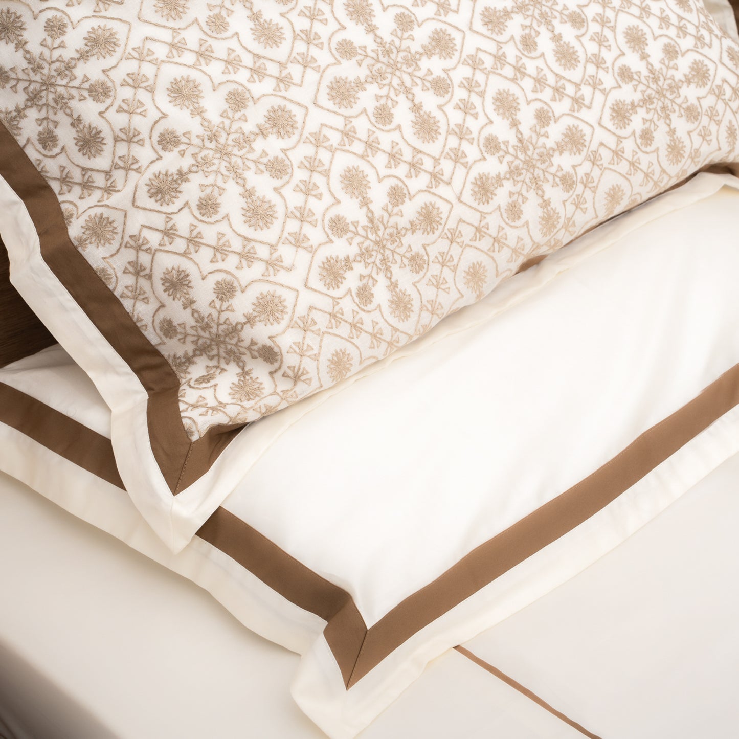 Serene Embroidery Bedsheet with 2 Sets of Matching Pillow Covers - Cream & Brown