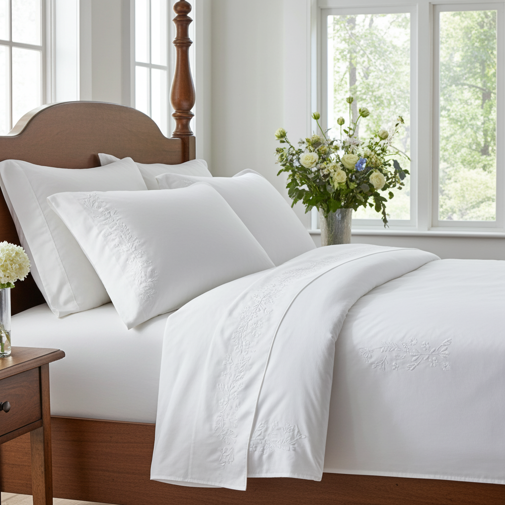 Signature Floral Embroidered White Bedsheet Duvet Cover Set