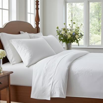 Signature Floral Embroidered White Bedsheet Duvet Cover Set