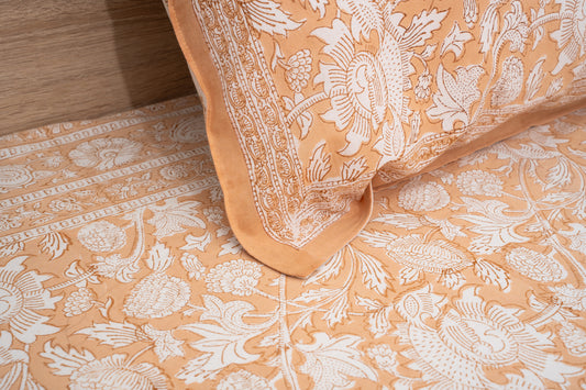 HandBlock Artisan Weave Floral White & Peach Bedsheet Set